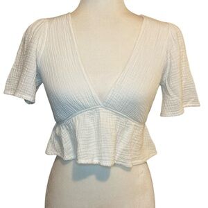 Blue Blush Cream Textured V-Neck Blouse